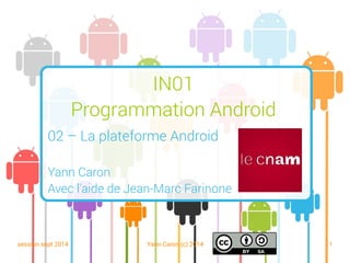 session sept 2014 Yann Caron (c) 2014 1
IN01
Programmation Android
02 – La plateforme Android
Yann Caron
Avec l'aide de Jean-Marc Farinone
 