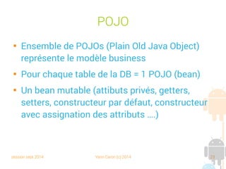 session sept 2014 Yann Caron (c) 2014 23
Patron – Layer – Exemple
Data Access Layer
Data
Transfert
Objects
Logger
Business Model
View
FishDb4o
FishDAO (CRUD)
FamilyDb4o
FamilyDAO (CRUD)
db4o
FishBO FamilyBO
FishView FamilyView
Fish
Familly
1..1
Fish
 