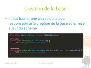 session sept 2014 Yann Caron (c) 2014 38
Patron – Layer – Exemple
Data Access Layer
Data
Transfert
Objects
Logger
Business Model
View
FishDb4o
FishDAO (CRUD)
FamilyDb4o
FamilyDAO (CRUD)
db4o
FishBO FamilyBO
FishView FamilyView
Fish
Familly
1..1
 
