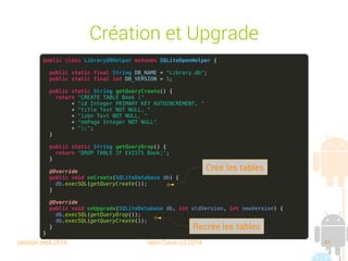 session sept 2014 Yann Caron (c) 2014 41
Notre bibliothèque avec SQLite

Le POJO Book

Un objet qui
représente un
record “livre”

Des attributs,
des accesseurs,
un constructeur
stateless et un
statefull
public class Book {
// attributes
private int id;
private String title;
private String isbn;
private int nbPage;
// accessors
public String getTitle() {
return title;
}
public void setTitle(String title) {
this.title = title;
}
// etc.
// constructor
public Book(int id) {
super(id);
}
public Book(int id, String title, String isbn, int nbPage) {
this(id);
this.title = title;
this.isbn = isbn;
this.nbPage = nbPage;
}
}
 