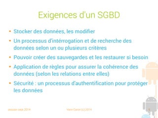 session sept 2014 Yann Caron (c) 2014 6
Exigences d'un SGBD

Abstraire la couche de stockage et les
processus de requêtage

Logging : track les modifications effectuées
par les utilisateurs

Optimisation : performance tuning
 