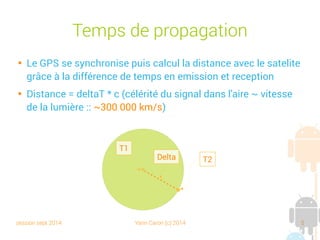 session sept 2014 Yann Caron (c) 2014 5
Temps de propagation

Le GPS se synchronise puis calcule la distance avec le satellite
grâce à la différence de temps en émission et réception

Distance = deltaT * c (célérité du signal dans l'air ~ vitesse de
la lumière : ~300 000 km/s)
Delta
T1
T2
 