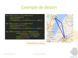 session sept 2014 Yann Caron (c) 2014 57
Exemple de dessin
map.addCircle(new CircleOptions()
.center(annemasse)
.radius(1000) // en mètres
.strokeWidth(5).strokeColor(Color.GRAY));
map.addCircle(new CircleOptions()
.center(portChoiseul)
.radius(1000) // en mètres
.strokeWidth(5).strokeColor(Color.GRAY));
map.addPolyline((new PolylineOptions())
.add(annemasse, portChoiseul,
corsierPort, annemasse)
.width(5).color(Color.BLUE)
.geodesic(true));
Coordonnées LatLng
 