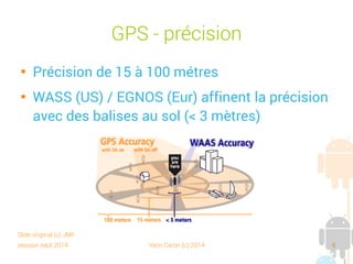 session sept 2014 Yann Caron (c) 2014 8
GPS - Précision

Précision de 15 à 100 mètres

WASS (US)/EGNOS (Eur) affinent la précision
avec des balises au sol (< 3 mètres)
Slide original (c) JMF
 