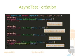 session sept 2014 Yann Caron (c) 2014 39
AsyncTast - Création
class MyAsyncTask extends AsyncTask<String, Integer, String> {
@Override
protected String doInBackground(String... params) {
return null;
}
@Override
protected void onCancelled(String result) {
}
@Override
protected void onPostExecute(String result) {
}
@Override
protected void onProgressUpdate(Integer... values) {
super.onProgressUpdate(values);
}
}
Si la tâche est annulée
Tâche principale
Une fois finie
Gérer la progression
 