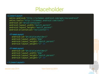 session sept 2014 Yann Caron (c) 2014 69
Placeholder
<LinearLayout
xmlns:android="http://schemas.android.com/apk/res/android"
xmlns:tools="http://schemas.android.com/tools"
android:id="@+id/container"
android:layout_width="match_parent"
android:layout_height="match_parent"
android:orientation="horizontal">
<FrameLayout
android:id="@+id/placeholder1"
android:layout_width="0dp"
android:layout_height="match_parent"
android:layout_weight="1" />
<FrameLayout
android:id="@+id/placeholder2"
android:layout_width="0dp"
android:layout_height="match_parent"
android:layout_weight="2" />
</LinearLayout>
 