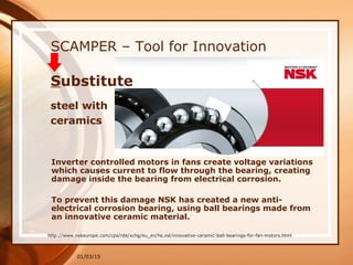 01/03/15
SCAMPER – Tool for Innovation
Inverter controlled motors in fans create voltage variations
which causes current to flow through the bearing, creating
damage inside the bearing from electrical corrosion.
To prevent this damage NSK has created a new anti-
electrical corrosion bearing, using ball bearings made from
an innovative ceramic material.
http://www.nskeurope.com/cps/rde/xchg/eu_en/hs.xsl/innovative-ceramic-ball-bearings-for-fan-motors.html
Substitute
steel with
ceramics
 