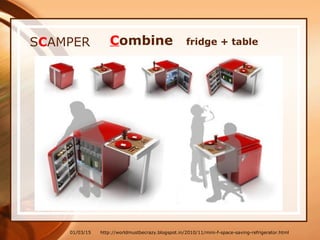 01/03/15
SCAMPER Combine fridge + table
http://worldmustbecrazy.blogspot.in/2010/11/mini-f-space-saving-refrigerator.html
 