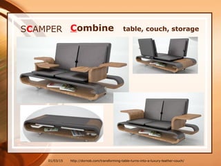 01/03/15
SCAMPER Combine table, couch, storage
http://dornob.com/transforming-table-turns-into-a-luxury-leather-couch/
 