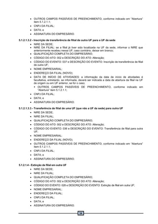 34
 OUTROS CAMPOS PASSÍVEIS DE PREENCHIMENTO, conforme indicado em “Abertura”
item 5.1.2.1.1;
 CNPJ DA FILIAL;
 DATA; e
 ASSINATURA DO EMPRESÁRIO.
5.1.2.1.3.2 - Inscrição de transferência de filial de outra UF para a UF da sede
 NIRE DA SEDE;
 NIRE DA FILIAL: se a filial já tiver sido localizada na UF da sede, informar o NIRE que
anteriormente recebeu nessa UF; caso contrário, deixar em branco;
 QUALIFICAÇÃO COMPLETA DO EMPRESÁRIO;
 CÓDIGO DO ATO: 002 e DESCRIÇÃO DO ATO: Alteração;
 CÓDIGO DO EVENTO: 037 e DESCRIÇÃO DO EVENTO: Inscrição de transferência de filial
de outra UF;
 NOME EMPRESARIAL;
 ENDEREÇO DA FILIAL (NOVO);
 DATA DE INÍCIO DE ATIVIDADES: a informação da data de início de atividades é
facultativa, entretanto, se informada, deverá ser indicada a data de abertura da filial na UF
de origem ou em UF anterior, se for o caso;
 OUTROS CAMPOS PASSÍVEIS DE PREENCHIMENTO, conforme indicado em
“Abertura” item 5.1.2.1.1;
 CNPJ DA FILIAL;
 DATA; e
 ASSINATURA DO EMPRESÁRIO.
5.1.2.1.3.3 - Transferência de filial de uma UF (que não a UF da sede) para outra UF
 NIRE DA SEDE;
 NIRE DA FILIAL;
 QUALIFICAÇÃO COMPLETA DO EMPRESÁRIO;
 CÓDIGO DO ATO: 002 e DESCRIÇÃO DO ATO: Alteração;
 CÓDIGO DO EVENTO: 036 e DESCRIÇÃO DO EVENTO: Transferência de filial para outra
UF;
 NOME EMPRESARIAL;
 ENDEREÇO DA FILIAL (NOVO);
 OUTROS CAMPOS PASSÍVEIS DE PREENCHIMENTO, conforme indicado em “Abertura”
item 5.1.2.1.1;
 CNPJ DA FILIAL;
 DATA; e
 ASSINATURA DO EMPRESÁRIO.
5.1.2.1.4 - Extinção de filial em outra UF
 NIRE DA SEDE;
 NIRE DA FILIAL;
 QUALIFICAÇÃO COMPLETA DO EMPRESÁRIO;
 CÓDIGO DO ATO: 002 e DESCRIÇÃO DO ATO: Alteração;
 CÓDIGO DO EVENTO: 028 e DESCRIÇÃO DO EVENTO: Extinção de filial em outra UF;
 NOME EMPRESARIAL;
 ENDEREÇO DA FILIAL;
 CNPJ DA FILIAL;
 DATA; e
 ASSINATURA DO EMPRESÁRIO.
 
