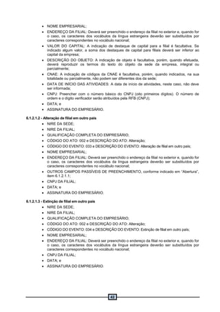 42
 NOME EMPRESARIAL;
 ENDEREÇO DA FILIAL: Deverá ser preenchido o endereço da filial no exterior e, quando for
o caso, os caracteres dos vocábulos da língua estrangeira deverão ser substituídos por
caracteres correspondentes no vocábulo nacional;
 VALOR DO CAPITAL: A indicação de destaque de capital para a filial é facultativa. Se
indicado algum valor, a soma dos destaques de capital para filiais deverá ser inferior ao
capital da empresa;
 DESCRIÇÃO DO OBJETO: A indicação de objeto é facultativa, porém, quando efetuada,
deverá reproduzir os termos do texto do objeto da sede da empresa, integral ou
parcialmente;
 CNAE: A indicação de códigos da CNAE é facultativa, porém, quando indicados, na sua
totalidade ou parcialmente, não podem ser diferentes dos da sede;
 DATA DE INÍCIO DAS ATIVIDADES: A data de início de atividades, neste caso, não deve
ser informada;
 CNPJ: Preencher com o número básico do CNPJ (oito primeiros dígitos). O número de
ordem e o dígito verificador serão atribuídos pela RFB (CNPJ);
 DATA; e
 ASSINATURA DO EMPRESÁRIO.
6.1.2.1.2 - Alteração de filial em outro país
 NIRE DA SEDE;
 NIRE DA FILIAL;
 QUALIFICAÇÃO COMPLETA DO EMPRESÁRIO;
 CÓDIGO DO ATO: 002 e DESCRIÇÃO DO ATO: Alteração;
 CÓDIGO DO EVENTO: 033 e DESCRIÇÃO DO EVENTO: Alteração de filial em outro país;
 NOME EMPRESARIAL;
 ENDEREÇO DA FILIAL: Deverá ser preenchido o endereço da filial no exterior e, quando for
o caso, os caracteres dos vocábulos da língua estrangeira deverão ser substituídos por
caracteres correspondentes no vocábulo nacional;
 OUTROS CAMPOS PASSÍVEIS DE PREENCHIMENTO, conforme indicado em “Abertura”,
item 6.1.2.1.1;
 CNPJ DA FILIAL;
 DATA; e
 ASSINATURA DO EMPRESÁRIO.
6.1.2.1.3 - Extinção de filial em outro país
 NIRE DA SEDE;
 NIRE DA FILIAL;
 QUALIFICAÇÃO COMPLETA DO EMPRESÁRIO;
 CÓDIGO DO ATO: 002 e DESCRIÇÃO DO ATO: Alteração;
 CÓDIGO DO EVENTO: 034 e DESCRIÇÃO DO EVENTO: Extinção de filial em outro país;
 NOME EMPRESARIAL;
 ENDEREÇO DA FILIAL: Deverá ser preenchido o endereço da filial no exterior e, quando for
o caso, os caracteres dos vocábulos da língua estrangeira deverão ser substituídos por
caracteres correspondentes no vocábulo nacional;
 CNPJ DA FILIAL;
 DATA; e
 ASSINATURA DO EMPRESÁRIO.
 