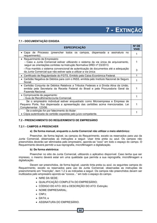 44
7 - EXTINÇÃO
7.1 - DOCUMENTAÇÃO EXIGIDA
ESPECIFICAÇÃO
No
DE
VIAS
 Capa de Processo (preencher todos os campos, dispensada a assinatura no
requerimento).
1
 Requerimento de Empresário
- Caso a Junta Comercial estiver utilizando o sistema da via única de arquivamento,
seguir as orientações contidas na Instrução Normativa DREI nº 03/2013.
1
- Fica mantido o sistema convencional de autenticação de documentos até a adequação
da Junta Comercial que não estiver apta a utilizar a via única.
3
 Certificado de Regularidade do FGTS, Emitido pela Caixa Econômica Federal. 1
 Certidão Negativa de Débitos para com o INSS, emitida pelo Instituto Nacional de Seguro
Social.
1
 Certidão Conjunta de Débitos Relativos a Tributos Federais e à Dívida Ativa da União,
emitida pela Secretaria da Receita Federal do Brasil e pela Procuradoria Geral da
Fazenda Nacional.
1
 Comprovante de pagamento:
- Guia de Recolhimento/Junta Comercial.
1
Se o empresário individual estiver enquadrado como Microempresa e Empresa de
Pequeno Porte, fica dispensada a apresentação das certidões acima mencionadas. Lei
Complementar 123/06.
1
Se a extinção for por falecimento do titular:
 Cópia autenticada da certidão expedida pelo juízo competente.
1
7.2 - PREENCHIMENTO DO REQUERIMENTO DE EMPRESÁRIO
7.2.1 - CAMPOS A PREENCHER
a) De forma manual, enquanto a Junta Comercial não utilizar o meio eletrônico:
Preencher, de forma legível, os campos do Requerimento, exceto os reservados para uso da
Junta Comercial, observadas as instruções a seguir. Usar tinta preta ou azul. Os campos não
preenchidos deverão ser eliminados pelo empresário, apondo-se “xxxx” em todo o espaço do campo. O
Requerimento deverá permitir a sua reprografia, microfilmagem e digitalização.
b) De forma eletrônica:
Preencher no sitio da Junta Comercial, utilizando o aplicativo disponível. Caso tenha que ser
impresso, o mesmo deverá estar em uma qualidade que permita a sua reprografia, microfilmagem e
digitalização.
Devem ser preenchidos, de forma legível, usando tinta preta ou azul, os seguintes campos do
Requerimento, exceto os reservados para uso da Junta Comercial, observadas as instruções de
preenchimento em “Inscrição”, item 1.2 e as indicadas a seguir. Os campos não preenchidos devem ser
inutilizados pelo empresário apondo-se “xxxxxx...” em todo o espaço do campo.
 NIRE DA SEDE;
 QUALIFICAÇÃO COMPLETA DO EMPRESÁRIO;
 CÓDIGO DO ATO: 003 e DESCRIÇÃO DO ATO: Extinção;
 NOME EMPRESARIAL;
 CNPJ;
 DATA; e
 ASSINATURA DO EMPRESÁRIO.
 