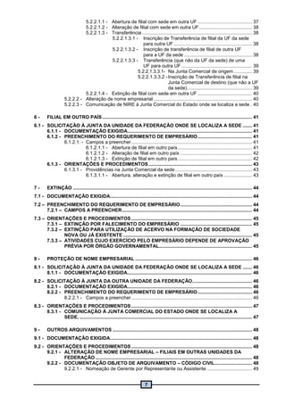 7
5.2.2.1.1 - Abertura de filial com sede em outra UF ......................................... 37
5.2.2.1.2 - Alteração de filial com sede em outra UF........................................ 38
5.2.2.1.3 - Transferência................................................................................... 38
5.2.2.1.3.1 - Inscrição de Transferência de filial da UF da sede
para outra UF ........................................................... 38
5.2.2.1.3.2 - Inscrição de transferência de filial de outra UF
para a UF da sede ................................................... 38
5.2.2.1.3.3 - Transferência (que não da UF da sede) de uma
UF para outra UF ..................................................... 39
5.2.2.1.3.3.1- Na Junta Comercial de origem.............. 39
5.2.2.1.3.3.2 -Inscrição de Transferência de filial na
Junta Comercial de destino (que não a UF
da sede)................................................. 39
5.2.2.1.4 - Extinção de filial com sede em outra UF ......................................... 40
5.2.2.2 - Alteração de nome empresarial .......................................................................... 40
5.2.2.3 - Comunicação de NIRE à Junta Comercial do Estado onde se localiza a sede . 40
6 - FILIAL EM OUTRO PAÍS................................................................................................................. 41
6.1 - SOLICITAÇÃO À JUNTA DA UNIDADE DA FEDERAÇÃO ONDE SE LOCALIZA A SEDE ....... 41
6.1.1 - DOCUMENTAÇÃO EXIGIDA.............................................................................................. 41
6.1.2 - PREENCHIMENTO DO REQUERIMENTO DE EMPRESÁRIO......................................... 41
6.1.2.1. - Campos a preencher........................................................................................... 41
6.1.2.1.1 - Abertura de filial em outro país........................................................ 41
6.1.2.1.2 - Alteração de filial em outro país ...................................................... 42
6.1.2.1.3 - Extinção de filial em outro país........................................................ 42
6.1.3 - ORIENTAÇÕES E PROCEDIMENTOS.............................................................................. 43
6.1.3.1 - Providências na Junta Comercial da sede.......................................................... 43
6.1.3.1.1 - Abertura, alteração e extinção de filial em outro país ..................... 43
7 - EXTINÇÃO ....................................................................................................................................... 44
7.1 - DOCUMENTAÇÃO EXIGIDA........................................................................................................... 44
7.2 – PREENCHIMENTO DO REQUERIMENTO DE EMPRESÁRIO...................................................... 44
7.2.1 – CAMPOS A PREENCHER.................................................................................................. 44
7.3 – ORIENTAÇÕES E PROCEDIMENTOS ........................................................................................... 45
7.3.1 – EXTINÇÃO POR FALECIMENTO DO EMPRESÁRIO ...................................................... 45
7.3.2 – EXTINÇÃO PARA UTILIZAÇÃO DE ACERVO NA FORMAÇÃO DE SOCIEDADE
NOVA OU JÁ EXISTENTE ................................................................................................. 45
7.3.3 – ATIVIDADES CUJO EXERCÍCIO PELO EMPRESÁRIO DEPENDE DE APROVAÇÃO
PRÉVIA POR ÓRGÃO GOVERNAMENTAL...................................................................... 45
8 - PROTEÇÃO DE NOME EMPRESARIAL ........................................................................................ 46
8.1 - SOLICITAÇÃO À JUNTA DA UNIDADE DA FEDERAÇÃO ONDE SE LOCALIZA A SEDE ....... 46
8.1.1 - DOCUMENTAÇÃO EXIGIDA.............................................................................................. 46
8.2 - SOLICITAÇÃO À JUNTA DA OUTRA UNIDADE DA FEDERAÇÃO............................................. 46
8.2.1 - DOCUMENTAÇÃO EXIGIDA.............................................................................................. 46
8.2.2 - PREENCHIMENTO DO REQUERIMENTO DE EMPRESÁRIO......................................... 46
8.2.2.1 - Campos a preencher........................................................................................... 46
8.3 - ORIENTAÇÕES E PROCEDIMENTOS ........................................................................................... 47
8.3.1 - COMUNICAÇÃO À JUNTA COMERCIAL DO ESTADO ONDE SE LOCALIZA A
SEDE. .................................................................................................................................. 47
9 - OUTROS ARQUIVAMENTOS ......................................................................................................... 48
9.1 - DOCUMENTAÇÃO EXIGIDA........................................................................................................... 48
9.2 - ORIENTAÇÕES E PROCEDIMENTOS ........................................................................................... 48
9.2.1 - ALTERAÇÃO DE NOME EMPRESARIAL – FILIAIS EM OUTRAS UNIDADES DA
FEDERAÇÃO ...................................................................................................................... 48
9.2.2 - DOCUMENTAÇÃO OBJETO DE ARQUIVAMENTO – CÓDIGO CIVIL............................ 48
9.2.2.1 - Nomeação de Gerente por Representante ou Assistente .................................. 49
 