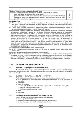 Quando houver transferência de titularidade para:
 a) pessoa natural (brasileira ou estrangeira) residente e domiciliada no exterior:
     cópia autenticada de seu documento de identidade;                                          1
     procuração estabelecendo representante no País, com poderes para receber citação (7);      1
     tradução da procuração por tradutor matriculado em qualquer Junta Comercial, caso          1
       passada em idioma estrangeiro;
OBSERVAÇÕES:
(1) Mínimo de 3 vias, podendo ser incluídas vias adicionais. Para cada via adicional será cobrado preço
     pela Junta Comercial, que deverá ser recolhido por meio do mesmo documento de arrecadação,
     somado ao preço do ato.
(2) Caso a cópia não seja autenticada, a autenticação poderá ser efetuada pelo servidor, no ato da
     apresentação da documentação, à vista do documento original.
(3) Documentos admitidos: cédula de identidade, certificado de reservista, carteira de identidade
    profissional, Carteira de Trabalho e Previdência Social ou Carteira Nacional de Habilitação
    (modelo com base na Lei nº 9.503, de 23/9/97). Quando houver administrador estrangeiro, é
    exigida identidade com a prova de visto permanente e dentro do período de sua validade ou
    documento fornecido pelo Departamento de Polícia Federal com a indicação do número de
    registro. (Vide Instrução Normativa DNRC nº 76, de 28/12/1998). Obs.: A revalidação da
    identidade é dispensada para estrangeiros portadores de visto permanente que tenham
    participado de recadastramento anterior e que tenham completado sessenta anos de idade, até a
    data do vencimento do documento de identidade ou sejam deficientes físicos. Deverá ser
    comprovada a participação no mencionado recadastramento ou a condição de deficiente físico.
    (Lei 9.505, de 15/10/1997)
(4) Ver Instrução Normativa DNRC nº 114, de 30/09/2011.
(5) No DF, o recolhimento referente aos itens “a” e “b” deve ser efetuado em um único DARF sob o
      código 6621.
(6) Número de vias conforme definido pela Junta Comercial da UF.
(7) Os documentos oriundos do exterior deverão ser autenticados ou visados por autoridade consular
    brasileira, conforme o caso, no país de origem. O estrangeiro domiciliado no exterior e de passagem
    pelo Brasil poderá firmar a procuração, por instrumento particular ou público, ficando, na segunda
    hipótese, dispensada a apresentação de seu documento de identidade perante a Junta Comercial.



3.2 -     ORIENTAÇÃO E PROCEDIMENTOS
3.2.1 -    FORMA DA ALTERAÇÃO DO ATO CONSTITUTIVO
           A deliberação do titular que contiver alteração do ato constitutivo poderá ser efetivada por
instrumento público ou particular, independentemente da forma de que se houver revestido o respectivo
ato de constituição.

3.2.2 -   ELEMENTOS DA ALTERAÇÃO DO ATO CONSTITUTIVO
          A alteração do ato constitutivo deverá conter, no mínimo, os seguintes elementos:
          a) título (Alteração do ato constitutivo), recomendando-se indicar o nº de sequência da
             alteração;
          b) preâmbulo;
          c) corpo da alteração:
                nova redação das cláusulas alteradas, expressando as modificações introduzidas;
                redação das cláusulas incluídas;
                indicação das cláusulas suprimidas;
          d) data;
          e) assinatura.

3.2.3 -   PREÂMBULO DA ALTERAÇÃO DO ATO CONSTITUTIVO
          Deverá constar do preâmbulo da alteração do ato constitutivo:
          a) nome e qualificação do titular;
          b) qualificação da empresa (citar nome empresarial, NIRE e CNPJ);
          c) a resolução de promover a alteração do ato constitutivo.


                                                  22
 