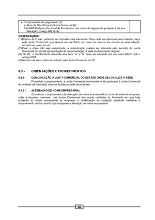  Comprovantes de pagamento (3):
    a) Guia de Recolhimento/Junta Comercial (4);
    b) DARF/Cadastro Nacional de Empresas ( nos casos de registro da proteção e de sua
      alteração) (código 6621) (4).
OBSERVAÇÕES:
(1) Mínimo de 2 vias, podendo ser incluídas vias adicionais. Para cada via adicional será cobrado preço
    pela Junta Comercial, que deverá ser recolhido por meio do mesmo documento de arrecadação,
    somado ao preço do ato.
(2) Caso a cópia não seja autenticada, a autenticação poderá ser efetuada pelo servidor da Junta
    Comercial, no ato da apresentação da documentação, à vista do documento original.
(3) No DF, o recolhimento referente aos itens “a” e “b” deve ser efetuado em um único DARF sob o
    código 6621.
(4) Número de vias conforme definido pela Junta Comercial da UF.



9.3 -     ORIENTAÇÕES E PROCEDIMENTOS
9.3.1 -   COMUNICAÇÃO À JUNTA COMERCIAL DO ESTADO ONDE SE LOCALIZA A SEDE
          Procedido o arquivamento, a Junta Comercial comunicará o ato praticado à Junta Comercial
da unidade da federação onde se localiza a sede da empresa.

9.3.2 -   ALTERAÇÃO DE NOME EMPRESARIAL
          Ocorrendo o arquivamento de alteração de nome empresarial na Junta da sede da empresa,
cabe à empresa promover, nas Juntas Comerciais das outras unidades da federação em que haja
proteção do nome empresarial da empresa, a modificação da proteção existente mediante o
arquivamento de documento que comprove a alteração do nome empresarial.




                                                  46
 