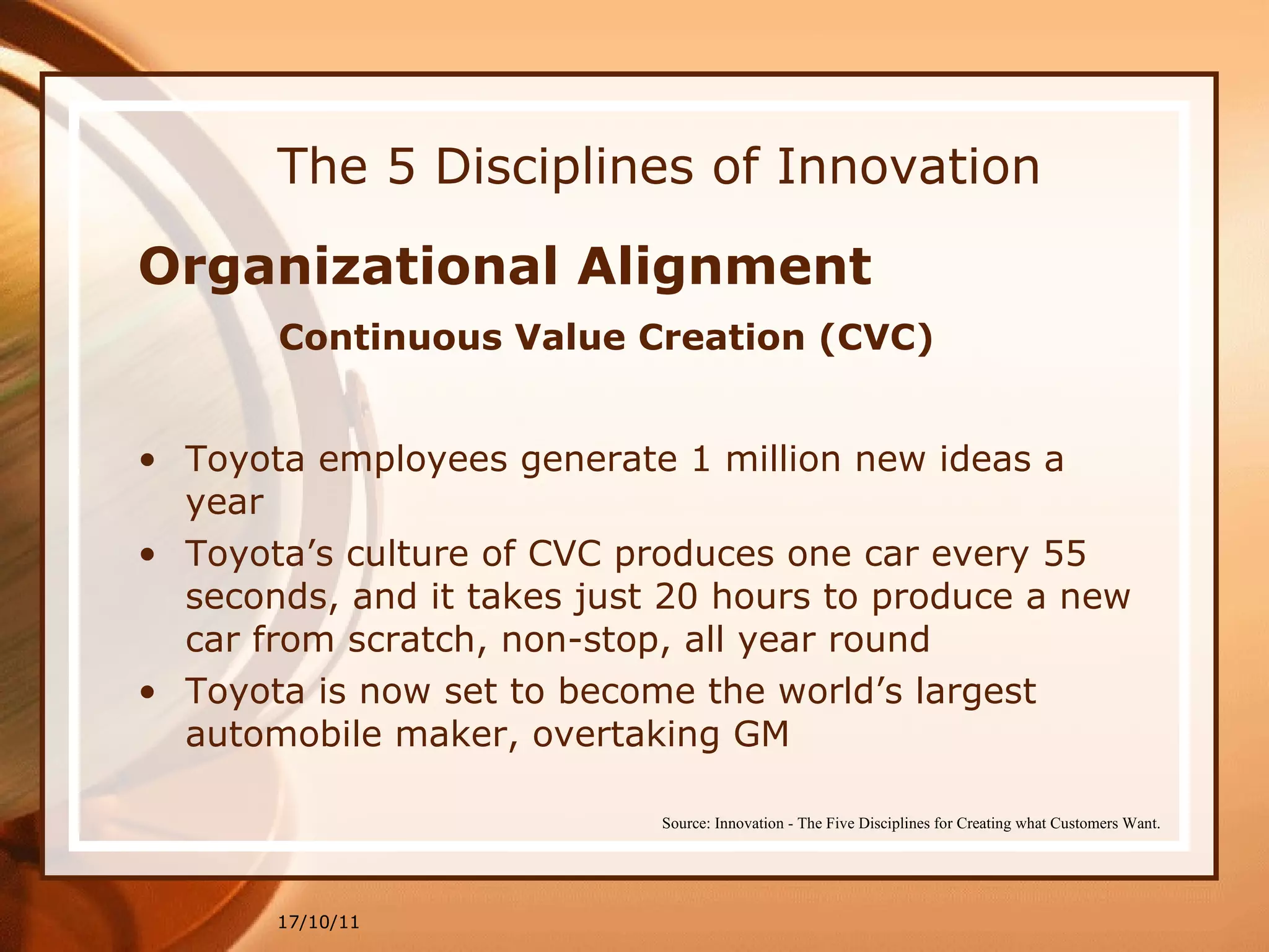 The 5 Disciplines of Innovation Organizational Alignment Continuous Value Creation (CVC) Toyota employees generate 1 million new ideas a year Toyota’s culture of CVC produces one car every 55 seconds, and it takes just 20 hours to produce a new car from scratch, non-stop, all year round Toyota is now set to become the world’s largest automobile maker, overtaking GM 17/10/11 Source: Innovation - The Five Disciplines for Creating what Customers Want. 
