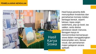 PEMBELAJARAN MENDALAM
Hasil
Karya
Siswa
Hasil karya peserta didik
menunjukkan kreativitas dan
pemahaman konsep melalui
berbagai bentuk, seperti
lukisan, kipas angin
sederhana, pop up book, tas
sablon, serta sketsa
peredaran darah manusia.
Beragam karya ini
mencerminkan kemampuan
siswa dalam menggabungkan
keterampilan seni, literasi
visual, dan pemahaman
materi pelajaran secara
aplikatif.
 