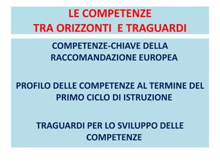 LE COMPETENZE
TRA ORIZZONTI E TRAGUARDI
COMPETENZE-CHIAVE DELLA
RACCOMANDAZIONE EUROPEA
PROFILO DELLE COMPETENZE AL TERMINE DEL
PRIMO CICLO DI ISTRUZIONE
TRAGUARDI PER LO SVILUPPO DELLE
COMPETENZE
 