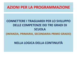 AZIONI PER LA PROGRAMMAZIONE
CONNETTERE I TRAGUARDI PER LO SVILUPPO
DELLE COMPETENZE DEI TRE GRADI DI
SCUOLA
(INFANZIA, PRIMARIA, SECONDARIA PRIMO GRADO)
NELLA LOGICA DELLA CONTINUITÀ
 
