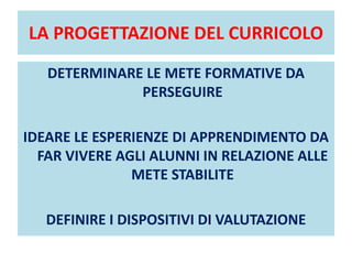 LA PROGETTAZIONE DEL CURRICOLO
DETERMINARE LE METE FORMATIVE DA
PERSEGUIRE
IDEARE LE ESPERIENZE DI APPRENDIMENTO DA
FAR VIVERE AGLI ALUNNI IN RELAZIONE ALLE
METE STABILITE
DEFINIRE I DISPOSITIVI DI VALUTAZIONE
 