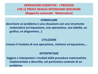 OPERAZIONI COGNITIVE - I PROCESSI
CHE LE PROVE INVALSI INTENDONO MISURARE
(Rapporto nazionale - Matematica)
FORMULARE
descrivere un problema o una situazione con uno strumento
matematico (un’equazione, una operazione, una tabella, un
grafico, un diagramma...)
UTILIZZARE
trovare il risultato di una operazione, risolvere un’equazione,...
INTERPRETARE
leggere e interpretare i risultati delle procedure matematiche
implementate o descritte, nel particolare contesto di un
problema
 