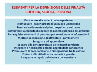 ELEMENTI PER LA DEFINIZIONE DELLE FINALITÀ
CULTURA, SCUOLA, PERSONA
Dare senso alla varietà delle esperienze
Promuovere i saperi propri di un nuovo umanesimo
Formare saldamente sul piano cognitivo e culturale
Promuovere la capacità di cogliere gli aspetti essenziali dei problemi
Far acquisire strumenti di pensiero per selezionare le informazioni
Mettere in condizione di affrontare i cambiamenti
Insegnare ad apprendere
Educare alla consapevolezza delle interdipendenze
Insegnare a ricomporre i grandi oggetti della conoscenza
Promuovere la collaborazione e l’integrazione tra le culture
Educare alla cittadinanza unitaria e plurale
Insegnare le regole del vivere e del convivere
……
 