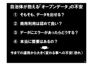 自治体が抱える「オープンデータ」の不安
今までの運用から大きく変わる事への不安（恐れ）
① そもそも、データを出せる？
② 商用利用は認めて良い？
③ データにエラーがあったらどうする？
④ 本当に需要はあるの？
9
 