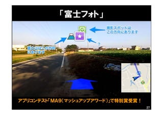 27
「富士フォト」
アプリコンテスト「ＭＡ９（マッシュアップアワード）」で特別賞受賞！
 