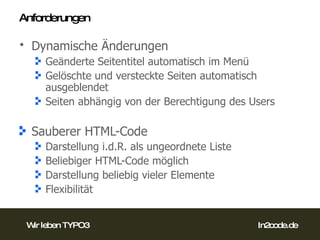 Anforderungen Dynamische Änderungen   Geänderte Seitentitel automatisch im Menü Gelöschte und versteckte Seiten automatisch ausgeblendet Seiten abhängig von der Berechtigung des Users Sauberer HTML-Code Darstellung i.d.R. als ungeordnete Liste Beliebiger HTML-Code möglich Darstellung beliebig vieler Elemente Flexibilität 