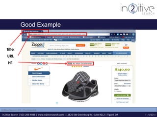 Good Example 
Title 
URL 
H1 
In2itive Search | 503-206-4988 | www.in2itivesearch.com | 11825 SW Greenburg Rd. Suite #212 | Tigard, OR 
11/6/2014 
In2itive Search LLC - Confidential 
 
