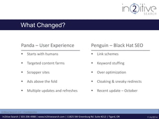 What Changed? 
Panda – User Experience 
 Starts with humans 
 Targeted content farms 
 Scrapper sites 
 Ads above the fold 
 Multiple updates and refreshes 
Penguin – Black Hat SEO 
 Link schemes 
 Keyword stuffing 
 Over optimization 
 Cloaking & sneaky redirects 
 Recent update – October 
In2itive Search | 503-206-4988 | www.in2itivesearch.com | 11825 SW Greenburg Rd. Suite #212 | Tigard, OR 
11/6/2014 
In2itive Search LLC - Confidential 
 