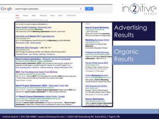 Advertising 
Results 
Organic 
Results 
In2itive Search | 503-206-4988 | www.in2itivesearch.com | 11825 SW Greenburg Rd. Suite #212 | Tigard, OR 
 