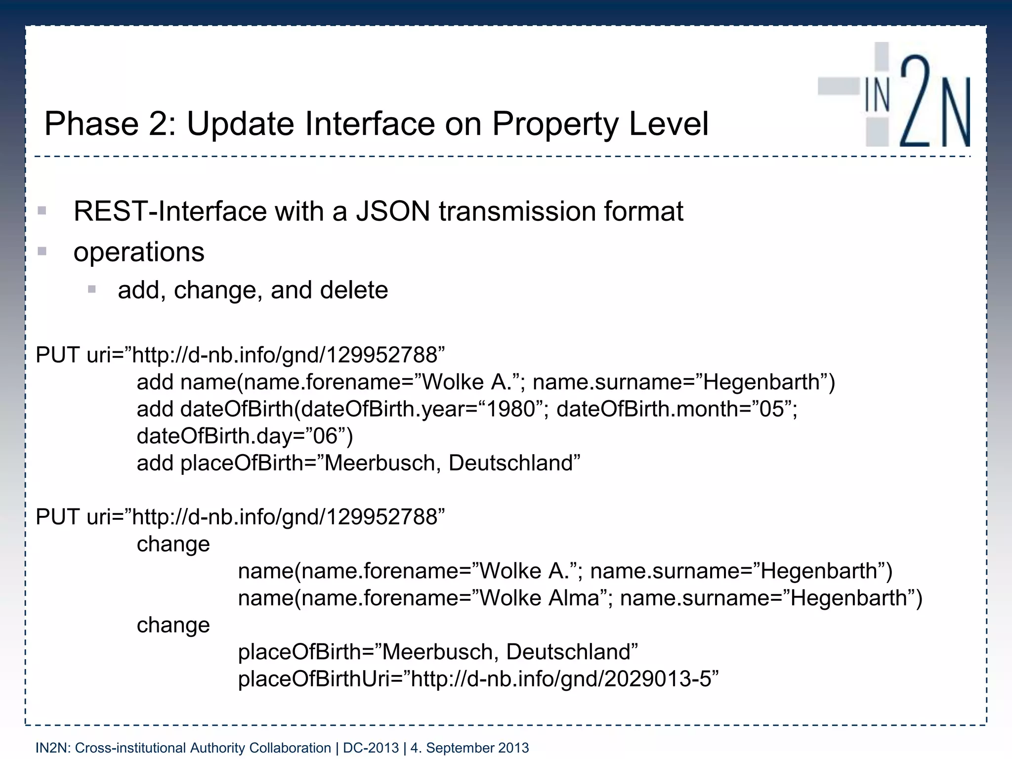 Phase 2: Update Interface on Property Level
 REST-Interface with a JSON transmission format
 operations
 add, change, and delete
PUT uri=”http://d-nb.info/gnd/129952788”
add name(name.forename=”Wolke A.”; name.surname=”Hegenbarth”)
add dateOfBirth(dateOfBirth.year=“1980”; dateOfBirth.month=”05”;
dateOfBirth.day=”06”)
add placeOfBirth=”Meerbusch, Deutschland”
PUT uri=”http://d-nb.info/gnd/129952788”
change
name(name.forename=”Wolke A.”; name.surname=”Hegenbarth”)
name(name.forename=”Wolke Alma”; name.surname=”Hegenbarth”)
change
placeOfBirth=”Meerbusch, Deutschland”
placeOfBirthUri=”http://d-nb.info/gnd/2029013-5”
IN2N: Cross-institutional Authority Collaboration | DC-2013 | 4. September 2013
 