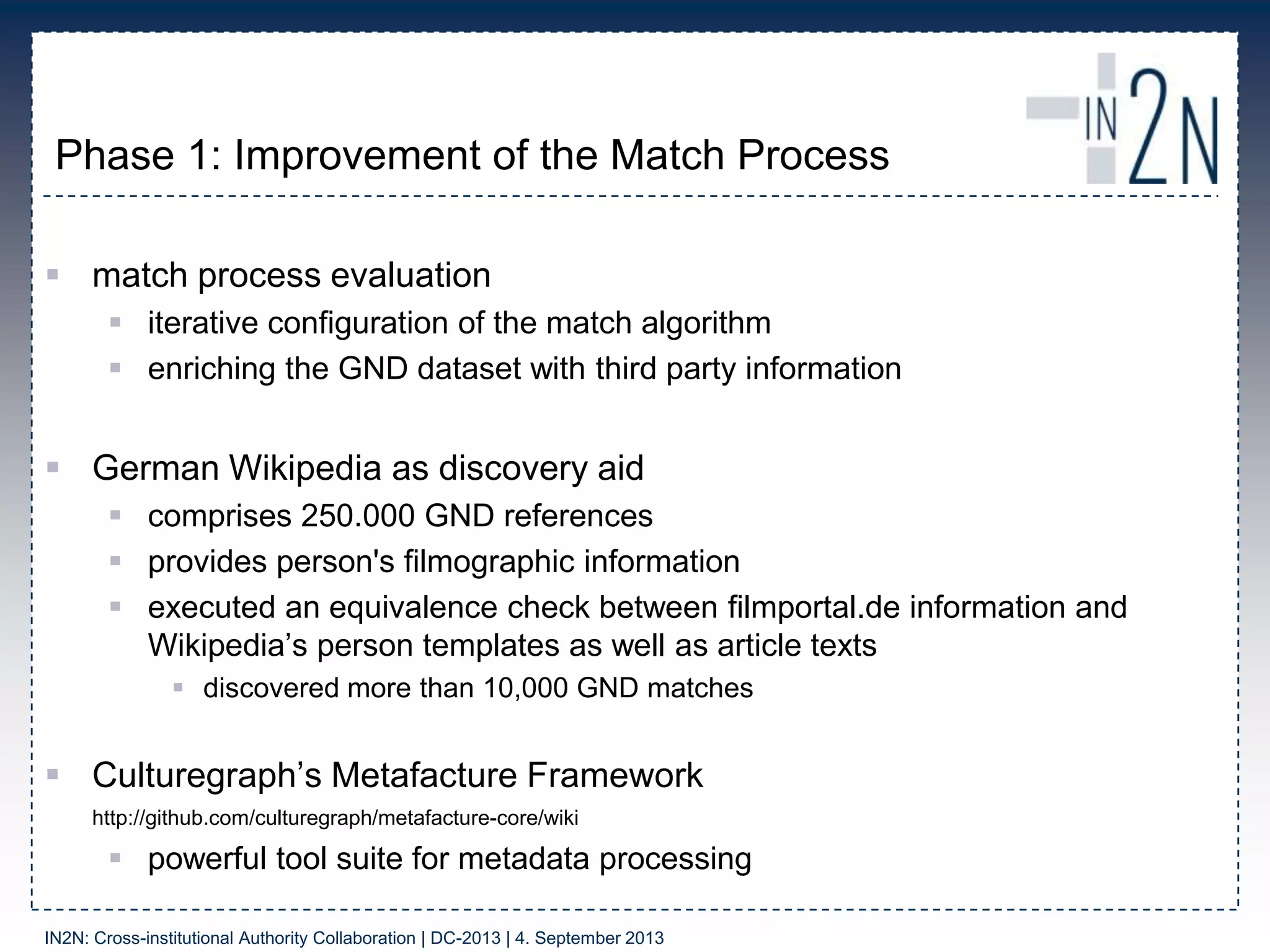 Phase 1: Improvement of the Match Process
 match process evaluation
 iterative configuration of the match algorithm
 enriching the GND dataset with third party information
 German Wikipedia as discovery aid
 comprises 250.000 GND references
 provides person's filmographic information
 executed an equivalence check between filmportal.de information and
Wikipedia‟s person templates as well as article texts
 discovered more than 10,000 GND matches
 Culturegraph‟s Metafacture Framework
http://github.com/culturegraph/metafacture-core/wiki
 powerful tool suite for metadata processing
IN2N: Cross-institutional Authority Collaboration | DC-2013 | 4. September 2013
 