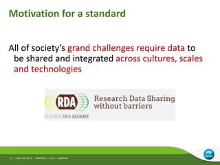 Motivation for a standard
All of society’s grand challenges require data to
be shared and integrated across cultures, scales
and technologies
AGU Fall 2013 | IN42A-01 | Cox | Leptoukh11 |
 