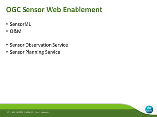 OGC Sensor Web Enablement
• SensorML
• O&M
• Sensor Observation Service
• Sensor Planning Service
AGU Fall 2013 | IN42A-01 | Cox | Leptoukh17 |
 