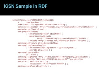 AGU Fall 2013 | IN42A-01 | Cox | Leptoukh
<http://handle.net/10273/IGSN.SIOabc123>
a sam:Specimen ;
rdfs:label "SIO specimen abc123"^^xsd:string ;
sam:currentLocation <http://example.org/various/Warehouse3/shelf9/box67> ;
sam:materialClass p1:rock ;
sam:preparationStep
[ sam:processOperator p1:JohnDoe ;
sam:processingDetails
<http://example.org/various/sf-process/jkl987> ;
sam:time <http://handle.net/10273/IGSN.SIOabc123/tim2> ] ;
sam:sampledFeature p1:midAtlanticRidge ;
sam:samplingFeatureComplex
[ sam:relatedSamplingFeature <igsn:SIOxyz456> ;
sam:role p1:parent ] ;
sam:samplingLocation
p1:loc123 ;
sam:samplingMethod <http://ldeo.columbia.edu/sampling/ghostbuster> ;
sam:samplingTime "2013-06-12T09:25:00.00+11:00"^^xsd:dateTime
sam:size [ basic:uom unit:kg ;
basic:value "0.46"^^basic:Number ] ;
sam:specimenType p1:splitCore .
IGSN Sample in RDF
 