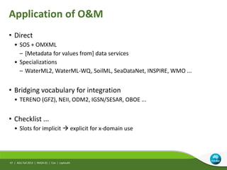 Application of O&M
• Direct
• SOS + OMXML
– [Metadata for values from] data services
• Specializations
– WaterML2, WaterML-WQ, SoilML, SeaDataNet, INSPIRE, WMO ...
• Bridging vocabulary for integration
• TERENO (GFZ), NEII, ODM2, IGSN/SESAR, OBOE ...
• Checklist ...
• Slots for implicit  explicit for x-domain use
AGU Fall 2013 | IN42A-01 | Cox | Leptoukh47 |
 