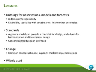 Lessons
• Ontology for observations, models and forecasts
• X-domain interoperability
• Extensible, specialize with vocabularies, link to other ontologies
• Standards
• A generic model can provide a checklist for design, and a basis for
harmonization and incremental design
• Consensus introduces an overhead
• Change
• Common conceptual model supports multiple implementations
• Widely used
AGU Fall 2013 | IN42A-01 | Cox | Leptoukh55 |
 