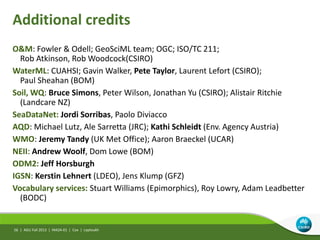 Additional credits
O&M: Fowler & Odell; GeoSciML team; OGC; ISO/TC 211;
Rob Atkinson, Rob Woodcock(CSIRO)
WaterML: CUAHSI; Gavin Walker, Pete Taylor, Laurent Lefort (CSIRO);
Paul Sheahan (BOM)
Soil, WQ: Bruce Simons, Peter Wilson, Jonathan Yu (CSIRO); Alistair Ritchie
(Landcare NZ)
SeaDataNet: Jordi Sorribas, Paolo Diviacco
AQD: Michael Lutz, Ale Sarretta (JRC); Kathi Schleidt (Env. Agency Austria)
WMO: Jeremy Tandy (UK Met Office); Aaron Braeckel (UCAR)
NEII: Andrew Woolf, Dom Lowe (BOM)
ODM2: Jeff Horsburgh
IGSN: Kerstin Lehnert (LDEO), Jens Klump (GFZ)
Vocabulary services: Stuart Williams (Epimorphics), Roy Lowry, Adam Leadbetter
(BODC)
AGU Fall 2013 | IN42A-01 | Cox | Leptoukh56 |
 