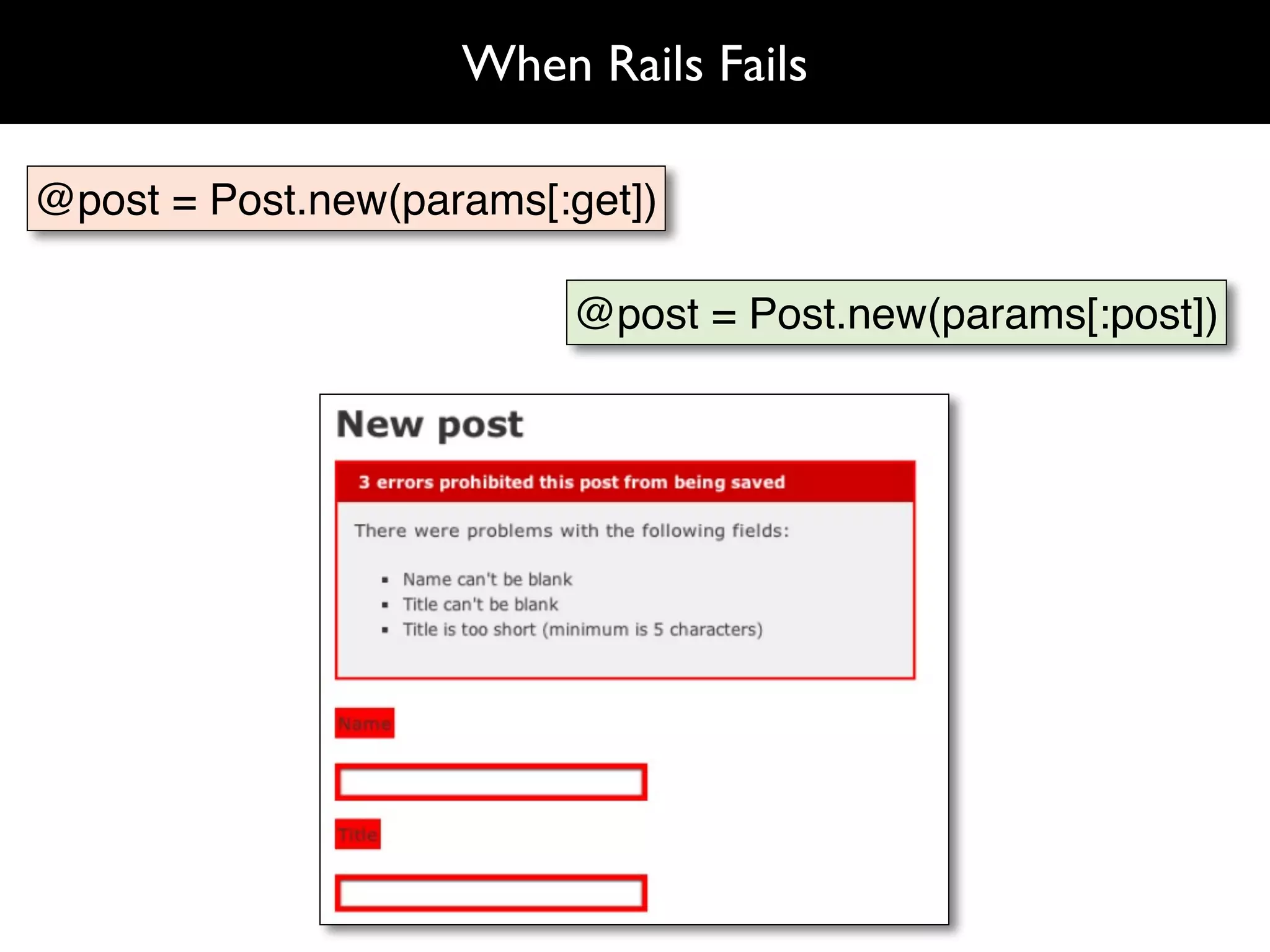 When Rails Fails

@post = Post.new(params[:get])

                         @post = Post.new(params[:post])
 