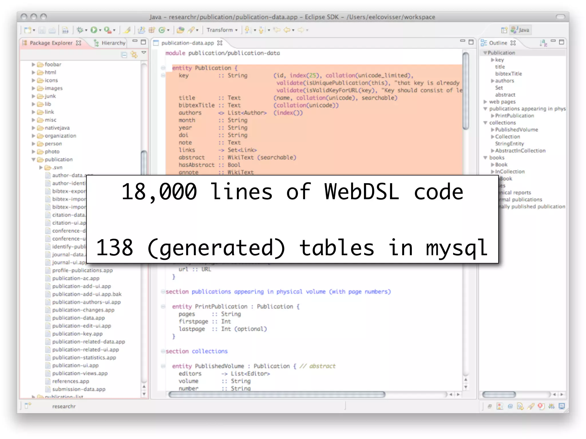 18,000 lines of WebDSL code

138 (generated) tables in mysql
 