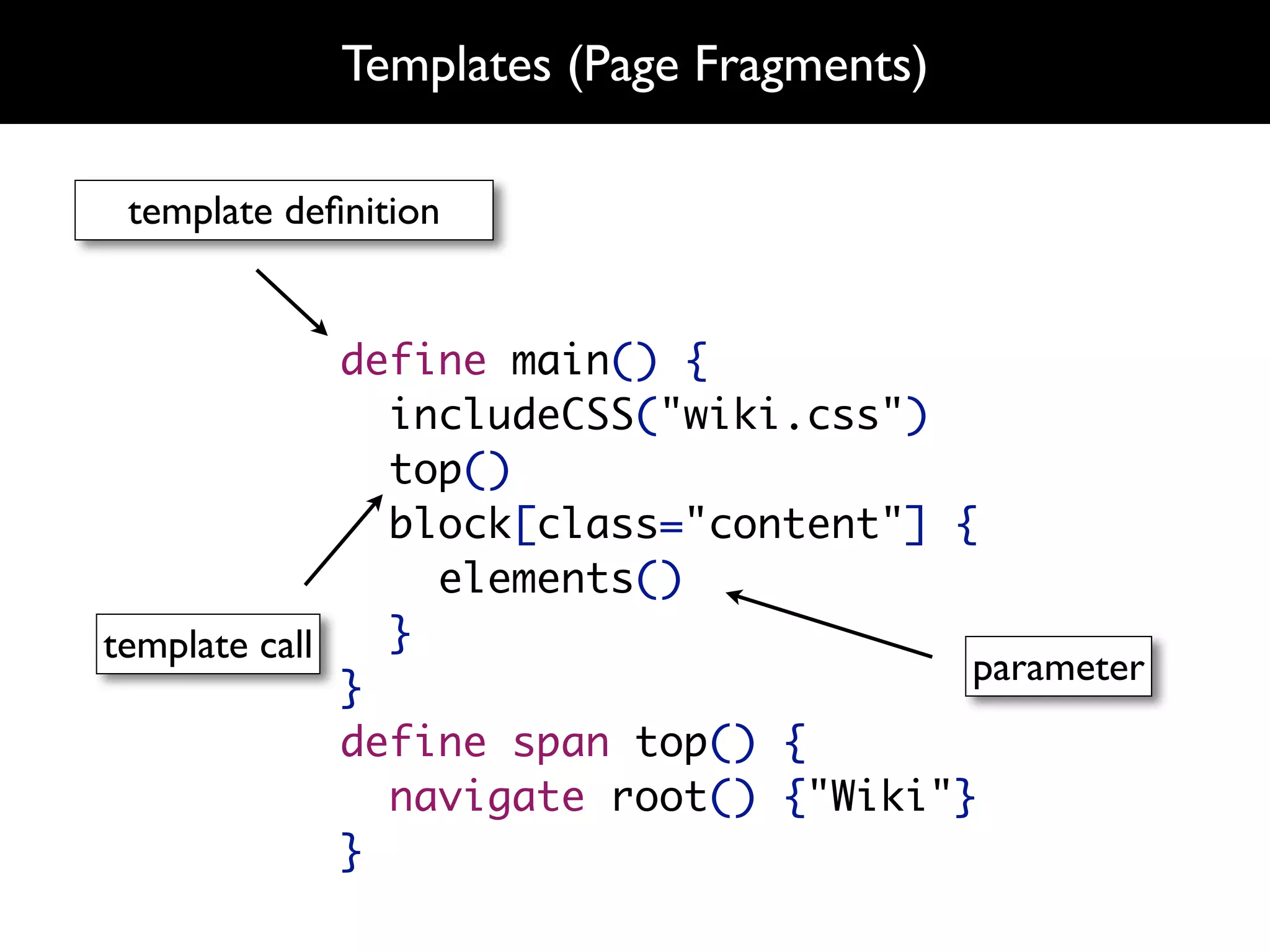 Templates (Page Fragments)

 template deﬁnition


              define main() {
                includeCSS("wiki.css")
                top()
                block[class="content"] {
                  elements()
template call   }
                                        parameter
              }
              define span top() {
                navigate root() {"Wiki"}
              }
 