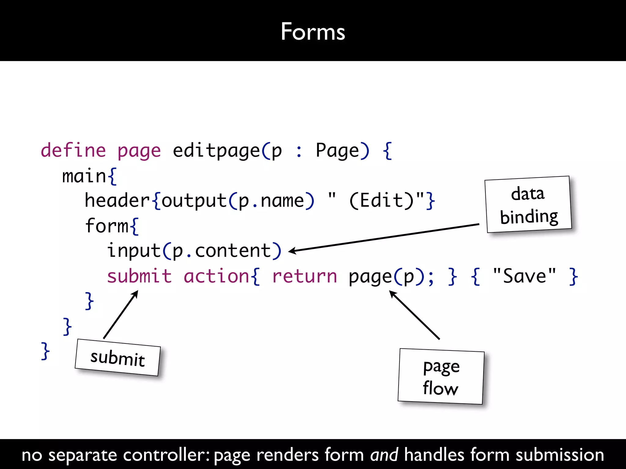 Forms



  define page editpage(p : Page) {
    main{
      header{output(p.name) " (Edit)"}        data
      form{                                  binding
         input(p.content)
         submit action{ return page(p); } { "Save" }
      }
    }
  }    submi t                                 page
                                               ﬂow


no separate controller: page renders form and handles form submission
 