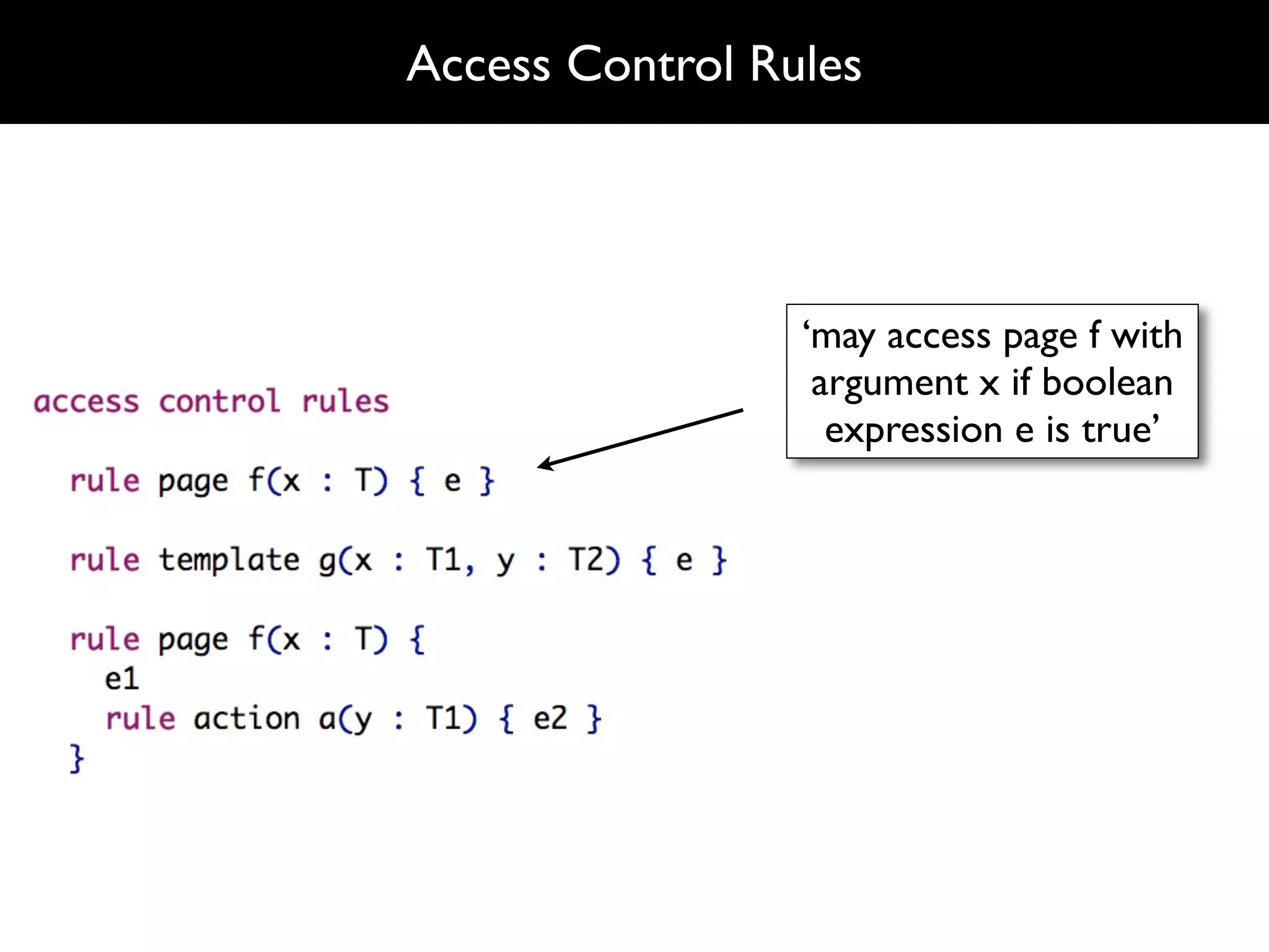 Access Control Rules




                 ‘may access page f with
                  argument x if boolean
                   expression e is true’
 