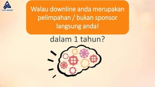 14
Berapa banyak pendapatan
yang anda inginkan
dalam 1 tahun?
Walau downline anda merupakan
pelimpahan / bukan sponsor
langsung anda!
 