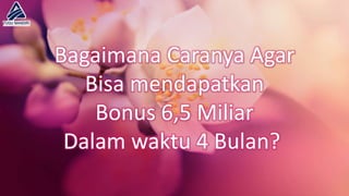 Bagaimana Caranya Agar
Bisa mendapatkan
Bonus 6,5 Miliar
Dalam waktu 4 Bulan?
 