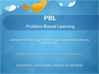 PBLProblem-Based LearningCentrado no Aluno, agente e principal responsávelpeloseuaprendizadoProfessores atuam como tutores ou facilitadoresAprendizado auto-dirigido, centrado no estudante 