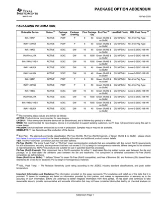 PACKAGE OPTION ADDENDUM
       www.ti.com                                                                                                              16-Feb-2009



PACKAGING INFORMATION

      Orderable Device        Status (1)   Package     Package      Pins Package Eco Plan (2)     Lead/Ball Finish    MSL Peak Temp (3)
                                            Type       Drawing             Qty
         INA114AP              ACTIVE        PDIP          P          8      50   Green (RoHS &     CU NIPDAU        N / A for Pkg Type
                                                                                     no Sb/Br)
        INA114APG4             ACTIVE        PDIP          P          8      50   Green (RoHS &     CU NIPDAU        N / A for Pkg Type
                                                                                     no Sb/Br)
         INA114AU              ACTIVE        SOIC         DW         16      40   Green (RoHS &     CU NIPDAU        Level-3-260C-168 HR
                                                                                     no Sb/Br)
       INA114AU/1K             ACTIVE        SOIC         DW         16    1000 Green (RoHS &       CU NIPDAU        Level-3-260C-168 HR
                                                                                   no Sb/Br)
      INA114AU/1KE4            ACTIVE        SOIC         DW         16    1000 Green (RoHS &       CU NIPDAU        Level-3-260C-168 HR
                                                                                   no Sb/Br)
        INA114AUE4             ACTIVE        SOIC         DW         16      40   Green (RoHS &     CU NIPDAU        Level-3-260C-168 HR
                                                                                     no Sb/Br)
        INA114AUG4             ACTIVE        SOIC         DW         16      40   Green (RoHS &     CU NIPDAU        Level-3-260C-168 HR
                                                                                     no Sb/Br)
         INA114BP              ACTIVE        PDIP          P          8      50   Green (RoHS &     CU NIPDAU        N / A for Pkg Type
                                                                                     no Sb/Br)
        INA114BPG4             ACTIVE        PDIP          P          8      50   Green (RoHS &     CU NIPDAU        N / A for Pkg Type
                                                                                     no Sb/Br)
         INA114BU              ACTIVE        SOIC         DW         16      40   Green (RoHS &     CU NIPDAU        Level-3-260C-168 HR
                                                                                     no Sb/Br)
       INA114BU/1K             ACTIVE        SOIC         DW         16    1000 Green (RoHS &       CU NIPDAU        Level-3-260C-168 HR
                                                                                   no Sb/Br)
      INA114BU/1KE4            ACTIVE        SOIC         DW         16    1000 Green (RoHS &       CU NIPDAU        Level-3-260C-168 HR
                                                                                   no Sb/Br)
        INA114BUE4             ACTIVE        SOIC         DW         16      40   Green (RoHS &     CU NIPDAU        Level-3-260C-168 HR
                                                                                     no Sb/Br)
(1)
   The marketing status values are defined as follows:
ACTIVE: Product device recommended for new designs.
LIFEBUY: TI has announced that the device will be discontinued, and a lifetime-buy period is in effect.
NRND: Not recommended for new designs. Device is in production to support existing customers, but TI does not recommend using this part in
a new design.
PREVIEW: Device has been announced but is not in production. Samples may or may not be available.
OBSOLETE: TI has discontinued the production of the device.

(2)
   Eco Plan - The planned eco-friendly classification: Pb-Free (RoHS), Pb-Free (RoHS Exempt), or Green (RoHS & no Sb/Br) - please check
http://www.ti.com/productcontent for the latest availability information and additional product content details.
TBD: The Pb-Free/Green conversion plan has not been defined.
Pb-Free (RoHS): TI's terms "Lead-Free" or "Pb-Free" mean semiconductor products that are compatible with the current RoHS requirements
for all 6 substances, including the requirement that lead not exceed 0.1% by weight in homogeneous materials. Where designed to be soldered
at high temperatures, TI Pb-Free products are suitable for use in specified lead-free processes.
Pb-Free (RoHS Exempt): This component has a RoHS exemption for either 1) lead-based flip-chip solder bumps used between the die and
package, or 2) lead-based die adhesive used between the die and leadframe. The component is otherwise considered Pb-Free (RoHS
compatible) as defined above.
Green (RoHS & no Sb/Br): TI defines "Green" to mean Pb-Free (RoHS compatible), and free of Bromine (Br) and Antimony (Sb) based flame
retardants (Br or Sb do not exceed 0.1% by weight in homogeneous material)

(3)
   MSL, Peak Temp. -- The Moisture Sensitivity Level rating according to the JEDEC industry standard classifications, and peak solder
temperature.

Important Information and Disclaimer:The information provided on this page represents TI's knowledge and belief as of the date that it is
provided. TI bases its knowledge and belief on information provided by third parties, and makes no representation or warranty as to the
accuracy of such information. Efforts are underway to better integrate information from third parties. TI has taken and continues to take
reasonable steps to provide representative and accurate information but may not have conducted destructive testing or chemical analysis on




                                                               Addendum-Page 1
 
