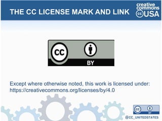Except where otherwise noted, this work is licensed under:
https://creativecommons.org/licenses/by/4.0
THE CC LICENSE MARK AND LINK
 